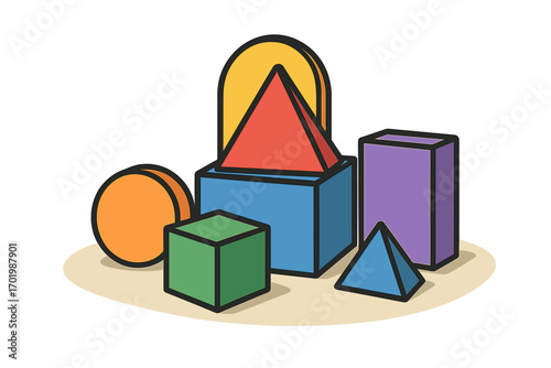 Colorful geometric shapes set. Vector cartoon illustration of 3D basic primitives. Abstract toy blocks for learning, education, or kindergarten. Composition of cube, pyramid, sphere.