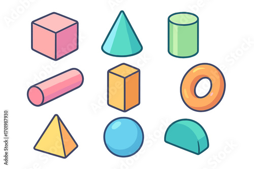Set of 3D isometric geometric shapes. Colorful pastel vector icons for math and education. Includes cube, cone, pyramid, sphere, cylinder. Abstract graphic element collection.