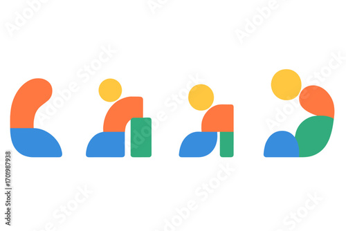 Step-by-step character creation process. Abstract minimalist icon set showing growth and development. Infographic of evolution from simple shapes to a complex figure.