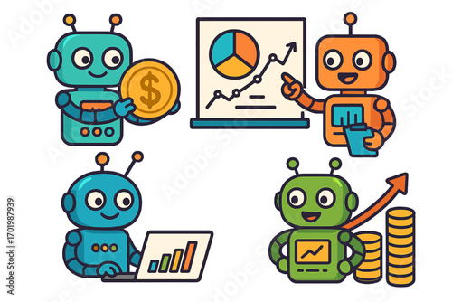 Cartoon robot characters engaged in financial activities. AI analyzing data, stock market growth chart, investment profit. Fintech automation, business technology concept.