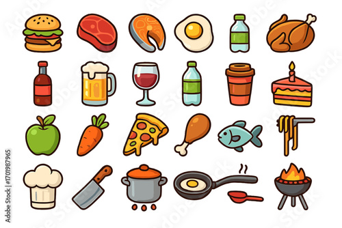 Colorful food and drink icon collection. Vector cartoon icons for culinary design, restaurant menu, or recipe book. Includes burger, pizza, steak, chicken, fish, wine and beer.