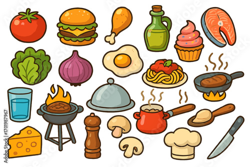 Food icon set. Cartoon collection of various meals, ingredients, and cooking elements. Vector illustration for grocery, restaurant menu, kitchen concept. Burger, pasta, fish.