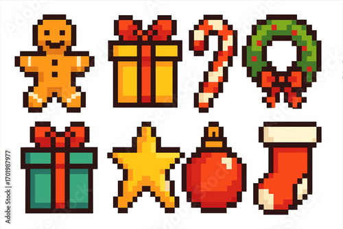 Christmas pixel art icon set. 8-bit retro gaming style holiday symbols collection. Gingerbread man, gift box, candy cane, wreath, star, ornament, stocking vector icons.