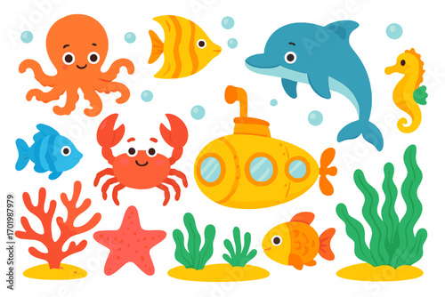 Cute sea animals and yellow submarine cartoon vector illustration set. Underwater marine life collection with fish, octopus, dolphin, crab, seahorse for kids. Ocean clip art.