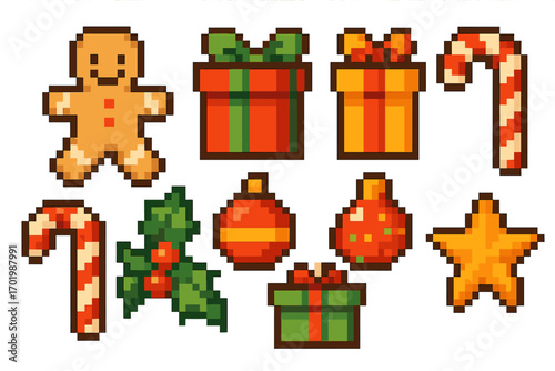 Christmas pixel art icon set. 8-bit retro video game style holiday collection. Gingerbread man, gift box, candy cane, star, holly, and ornament symbols. Festive design elements.