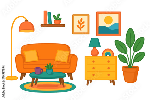 Living room furniture set vector collection. Cozy modern interior design elements. Cartoon home decor items with sofa, lamp, table, plant. Flat illustration for household concept.