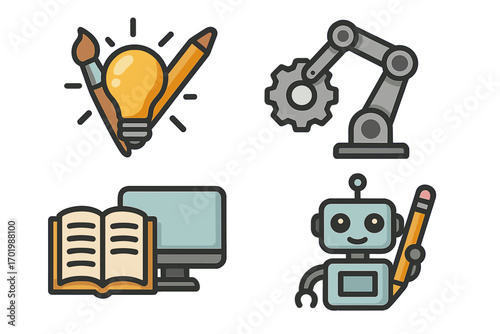 Vector icon set representing innovation in creative education and technology. Includes robot, AI, robotic arm, e-learning, art and science concepts for modern learning.