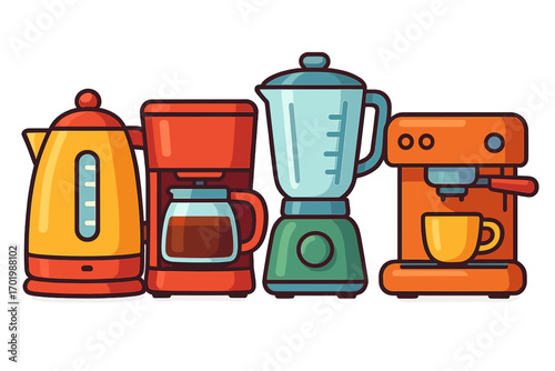 Kitchen appliances vector set. Colorful cartoon illustration of kettle, coffee maker, blender, espresso machine. Flat design household equipment icons collection isolated.