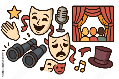 Theater show performance art vector icon set. Doodle cartoon collection with stage, audience, comedy and tragedy masks. Entertainment, drama and concert symbols.