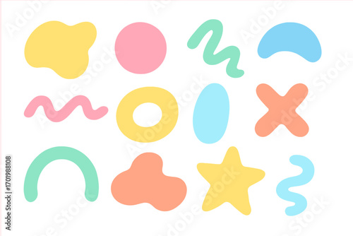 Collection of abstract shapes. Minimalist basic forms in pastel colors. Modern trendy doodle elements. Blob, star, circle. Vector graphic resources for design inspiration.
