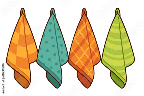 Set of colorful kitchen towels with patterns. Hanging dishcloths collection. Vector illustration of checkered, striped, and polka dot tea towels for home and kitchen use.