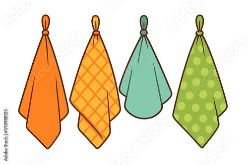 Hanging kitchen towels set. Colorful vector cartoon illustration. Collection of patterned tea towels, checkered and polka dot cloth for cleaning. Household textile and kitchenware.