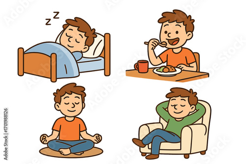 Man daily routine character set. Healthy lifestyle concept with activities like eating, sleeping, meditation, and relaxing at home. Wellness and self-care vector illustration.
