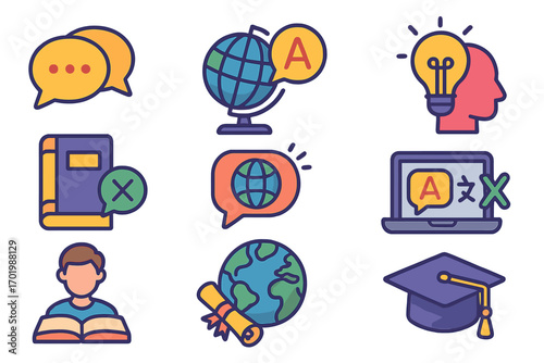 Vector icon set for language learning and education. Communication, translation, and e-learning symbols. Global study, university graduation, and knowledge icons collection.