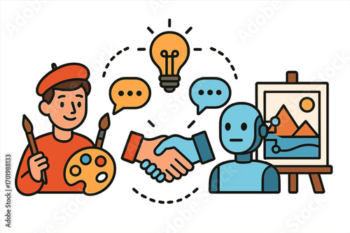 AI and human artist collaboration. Robot and painter handshake partnership. Artificial intelligence generating art. Creative communication, innovation, future of design idea.