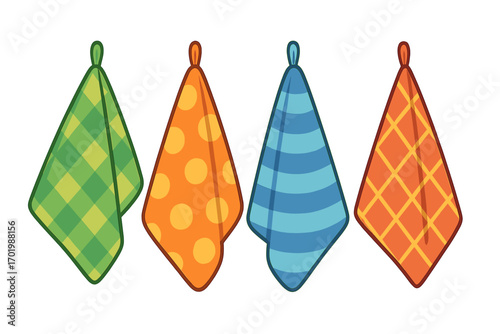Set of colorful kitchen towels with various patterns hanging in a row. Vector cartoon illustration of checkered, polka dot, and striped dishcloths for home and kitchen use.