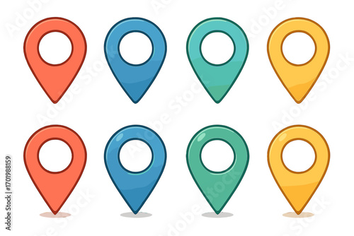 Colorful map marker collection. Set of location pin icons in flat and glossy styles. GPS navigation point symbol. Destination pointer for web, app, UI, UX. Modern vector.