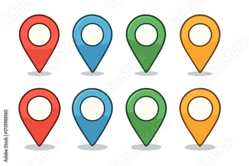 Set of colorful map markers. Location pin icon collection for navigation and destination points. GPS symbol in various modern cartoon styles. Vector graphic design element.