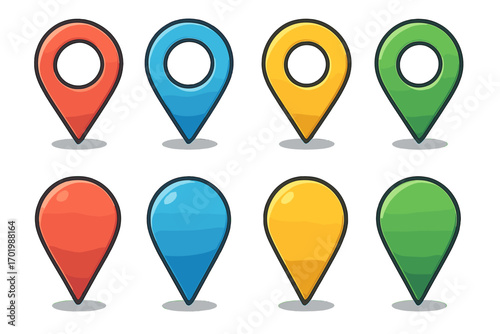 Colorful map markers vector set. Location pin icons for GPS navigation. Map pointer symbol collection. Geolocation position mark. Destination, travel, place, direction.