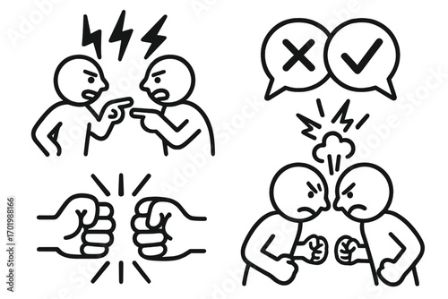 Vector icon set of conflict, argument and disagreement. Angry stick figures fighting and pointing. Confrontation, dispute, quarrel, debate, and relationship problems concept.