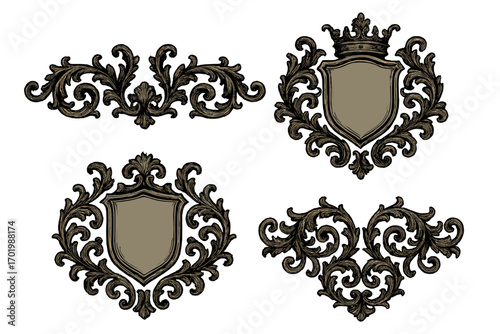 Collection of vintage baroque crests and flourishes. Ornate shield with crown, royal emblem, and decorative frames. Heraldic cartouche for wedding invitation or logo.