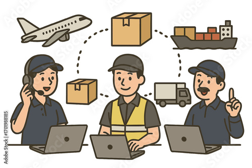 Logistics team managing supply chain. Global freight transport by air, land, sea. Cargo shipping, package delivery service, distribution network concept. Vector illustration.