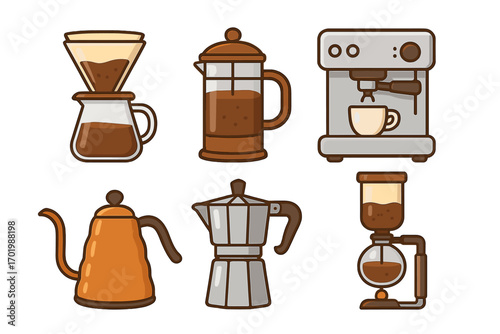 Set of coffee brewing methods. Pour-over, french press, moka pot, siphon, gooseneck kettle and espresso machine. Vector illustration icon collection for coffee lovers.