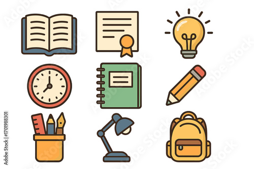 School icon set. Back to school concept. Education and study symbols. Vector icons of book, diploma, lightbulb idea, clock, notebook, pencil, stationery, desk lamp, backpack.