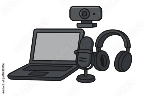 Streaming and podcasting equipment concept. Vector icon of a laptop, microphone, headphones, webcam. For vlogging, gaming, online meetings or home office studio setup.