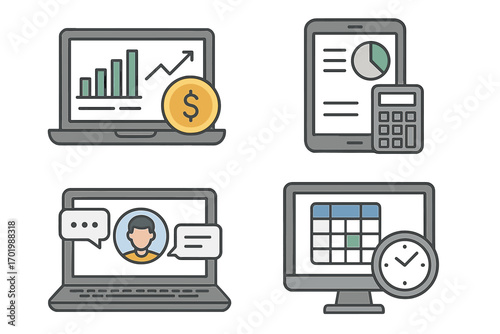Business productivity icon set. Digital tools for financial management, remote communication, time tracking, and data analysis. Finance analytics, online meeting, workflow vector.