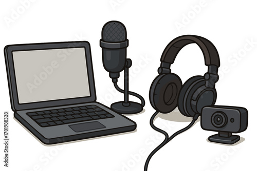 Podcast gear for streaming and vlogging. Digital communication setup with laptop, microphone, headphones, and webcam. Remote work office concept for online interaction.