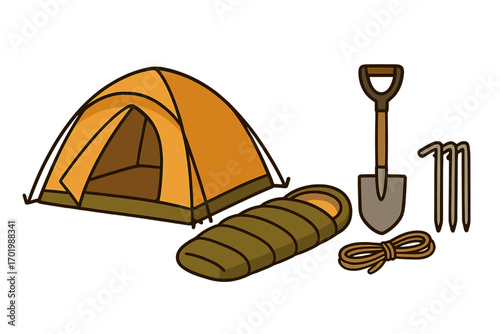 Camping gear essentials for outdoor adventure. Vector illustration set with tent, sleeping bag, shovel, stakes, and rope. For hiking, trekking, and summer camp trips.