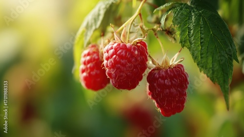 Wallpaper Mural Raspberry berry with leaves on branch, closeup with soft light. Torontodigital.ca