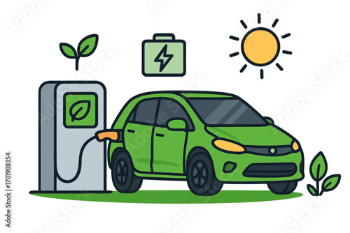 Electric car at charging station. Eco-friendly transport technology. EV automobile getting battery recharge. Green energy, sustainability, solar power, modern mobility vector cartoon.