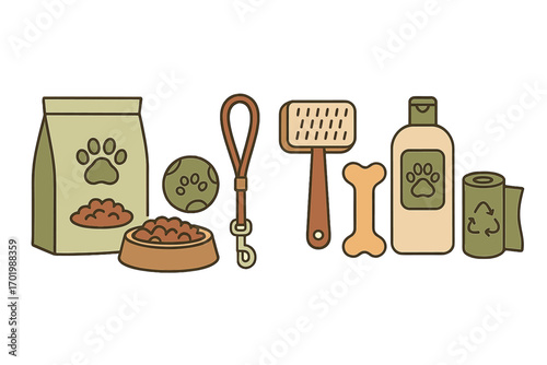 Pet care essentials vector set. Dog supplies collection with food, leash, grooming brush, shampoo, bone, toy and eco-friendly poop bags. Flat cartoon illustration icons.