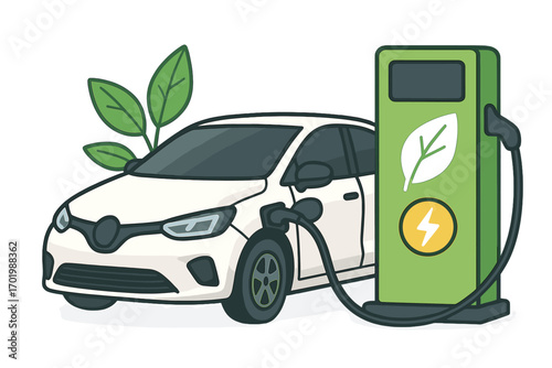 Electric car charging at station. Eco-friendly transport technology. Green energy for sustainable transportation. EV power recharge concept. Vector cartoon illustration.