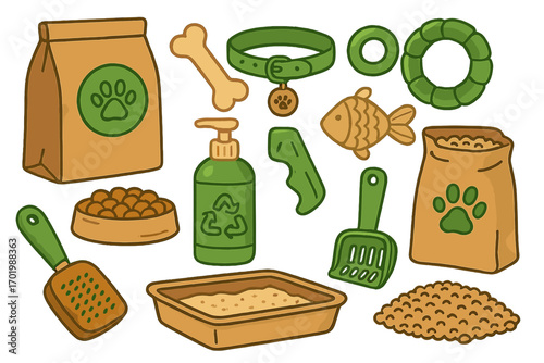 Pet care essentials set. Eco-friendly supplies for dog and cat. Vector cartoon illustration of food, toys, collar, litter box. Animal care, grooming, and feeding concept.