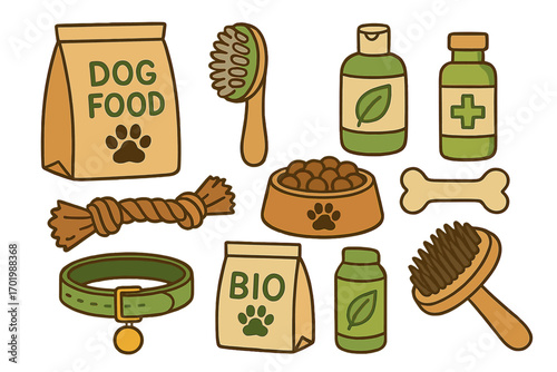 Collection of essential dog care supplies. Vector set with pet food, grooming tools, toys, and natural health products. Eco-friendly pet accessories cartoon illustration.