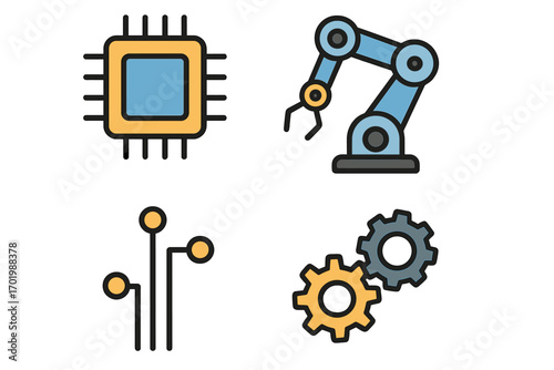 Technology icon set with microprocessor, robotic arm, circuit, and gears. Vector illustration for automation, engineering, industry 4.0, and artificial intelligence.