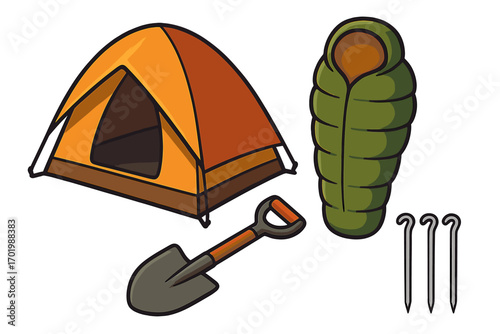 Camping gear set for outdoor adventure. Tent, sleeping bag, shovel, and stakes for hiking and travel. Summer camp equipment essentials. Vector cartoon illustration isolated.