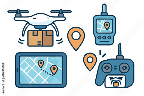 Drone delivery service with package. Modern logistics concept. Quadcopter shipping with remote control navigation, GPS map tracking. Autonomous delivery system vector icon set.