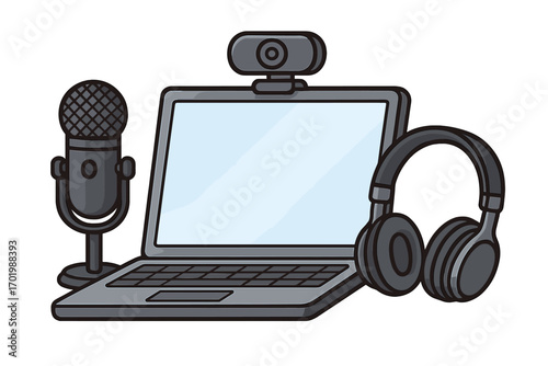 Digital communication setup with laptop, microphone, headphones, webcam. Vector for podcasting, streaming, online meetings, vlogging. Home office equipment concept.