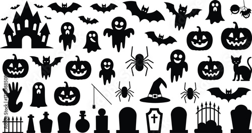 Halloween icons collection, haunted castle, bats flying, spooky ghosts, smiling pumpkins, black cat, creepy spiders, graveyard tombstones, witch hat, horror symbols