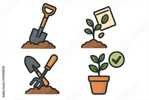 Gardening icons set. Vector illustration of plant growth stages. Soil preparation with shovel, sowing seeds from a pack, cultivation tools like trowel and fork, healthy potted plant.