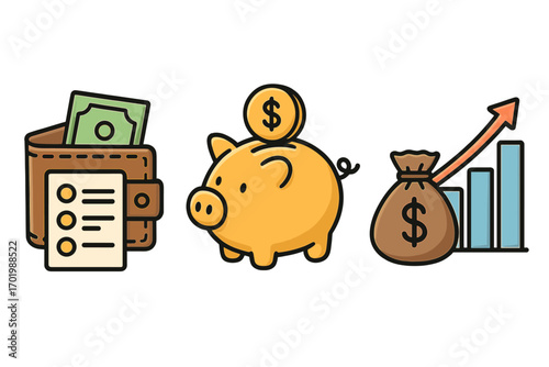 Financial planning icon set for personal finance management. Vector wallet for budgeting, piggy bank for savings, and money bag with growth chart for investment strategy.