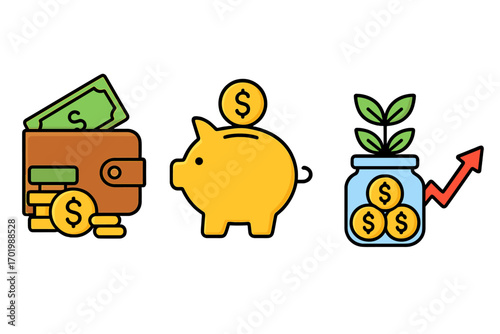 Financial planning icon set for personal finance management. Vector cartoon illustration of budgeting, savings, and investment strategy concepts. Wallet, piggy bank, growing money.