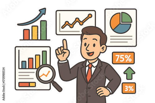 Business data analysis concepts with graphs, charts, metrics, and statistics illustrating growth, performance, and decision making in corporate environment, vector cartoon