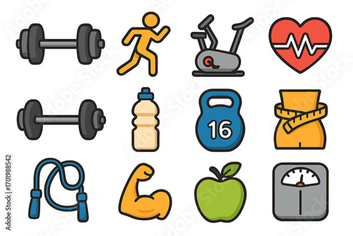 Fitness icons set. Gym workout equipment, sport activity, health symbols. Dumbbell, cardio, running, weight loss, muscle, apple, scale. Vector cartoon illustration pack.