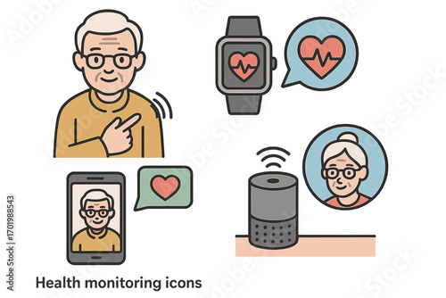 Senior health monitoring icon set. Elderly care technology with smart watch, phone and assistant. Wellness tracking, telemedicine and geriatric assistance concept. Vector cartoon.