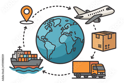 Global logistics network for worldwide shipping. Supply chain management with land, sea, and air transportation. Freight delivery, cargo import, export. Truck, ship, plane, globe.
